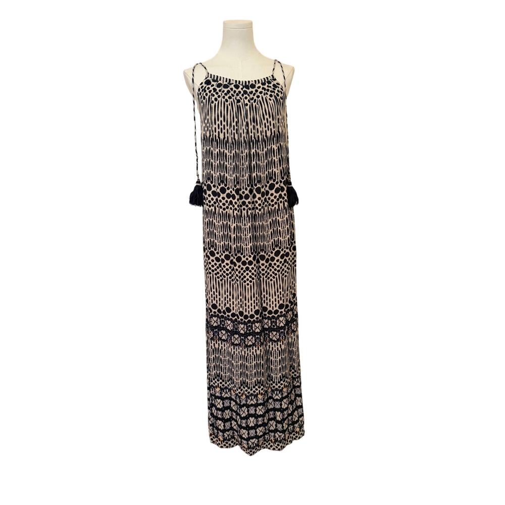 NWOT Star Mela Abstract Print Tie-Shoulder Maxi Dress Side Zip Beaded Lined - S